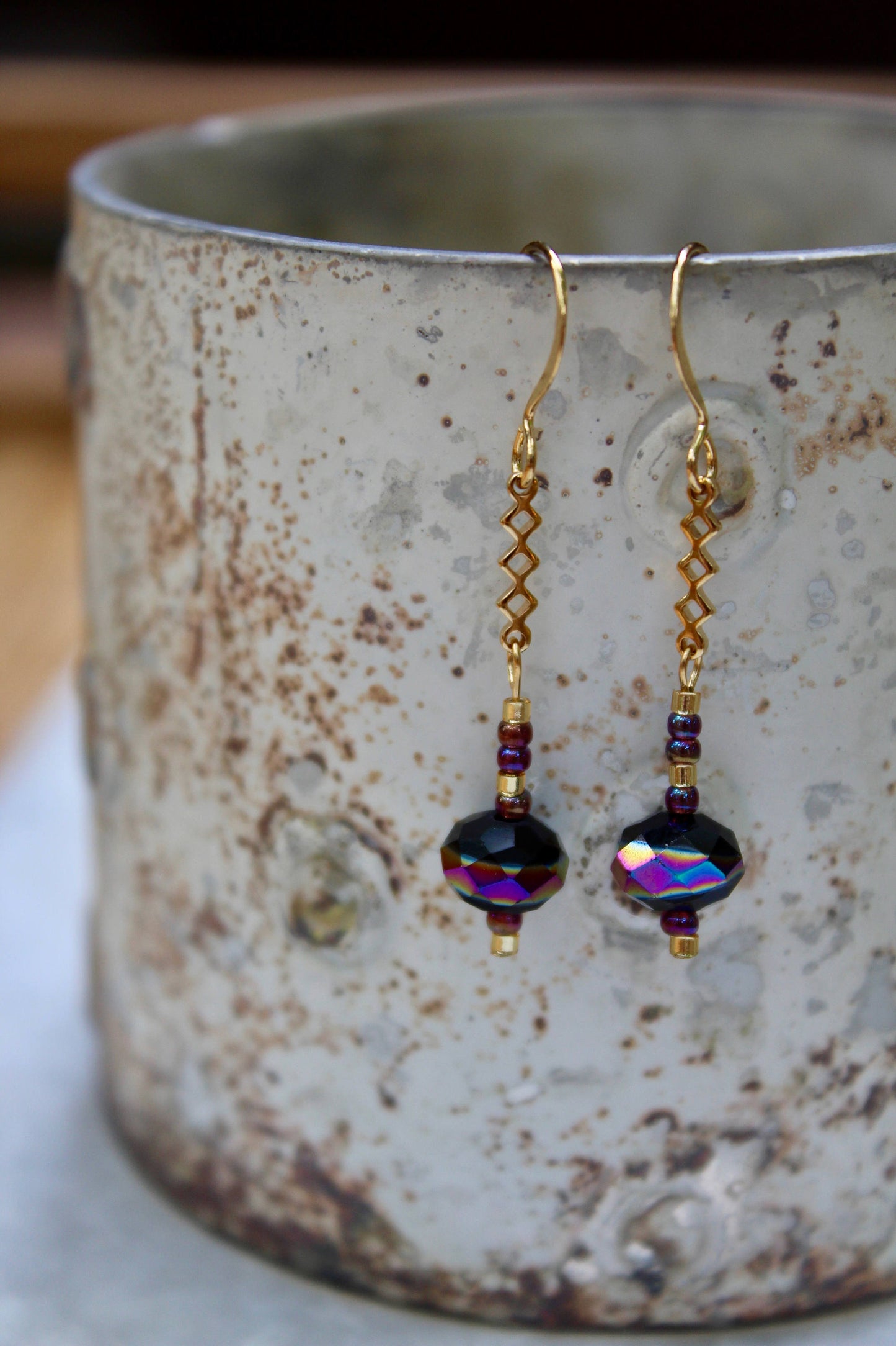 Amethyst Earrings, Rainbow Earrings, Colorful Earrings, Drop Earrings, Dangle Earrings, Gold Jewelry, Opalescent Earrings, Purple Earrings