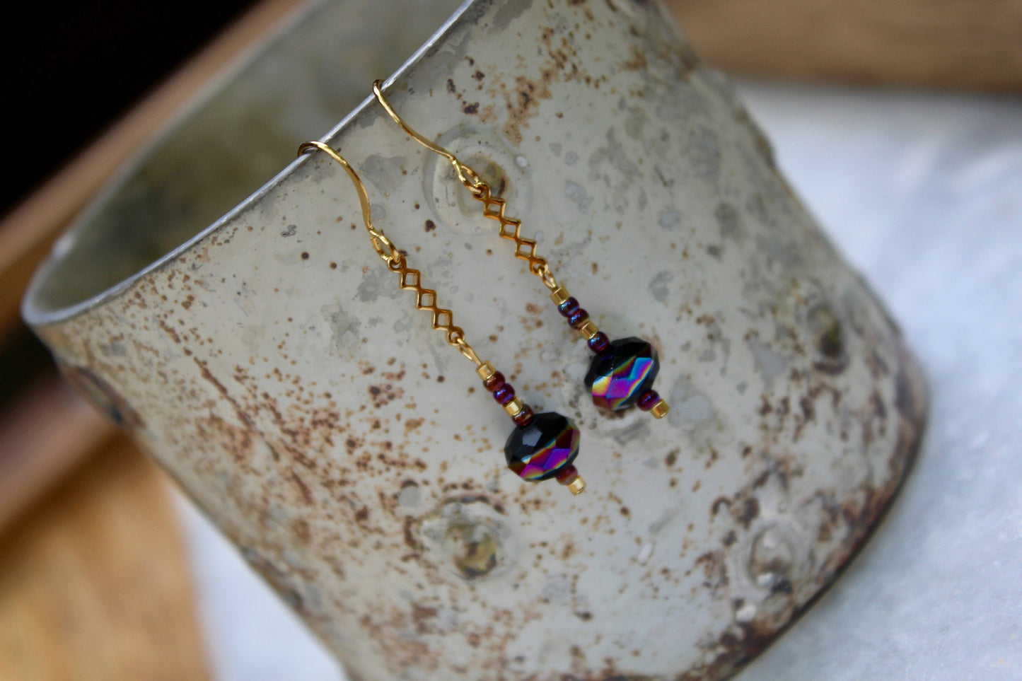 Amethyst Earrings, Rainbow Earrings, Colorful Earrings, Drop Earrings, Dangle Earrings, Gold Jewelry, Opalescent Earrings, Purple Earrings