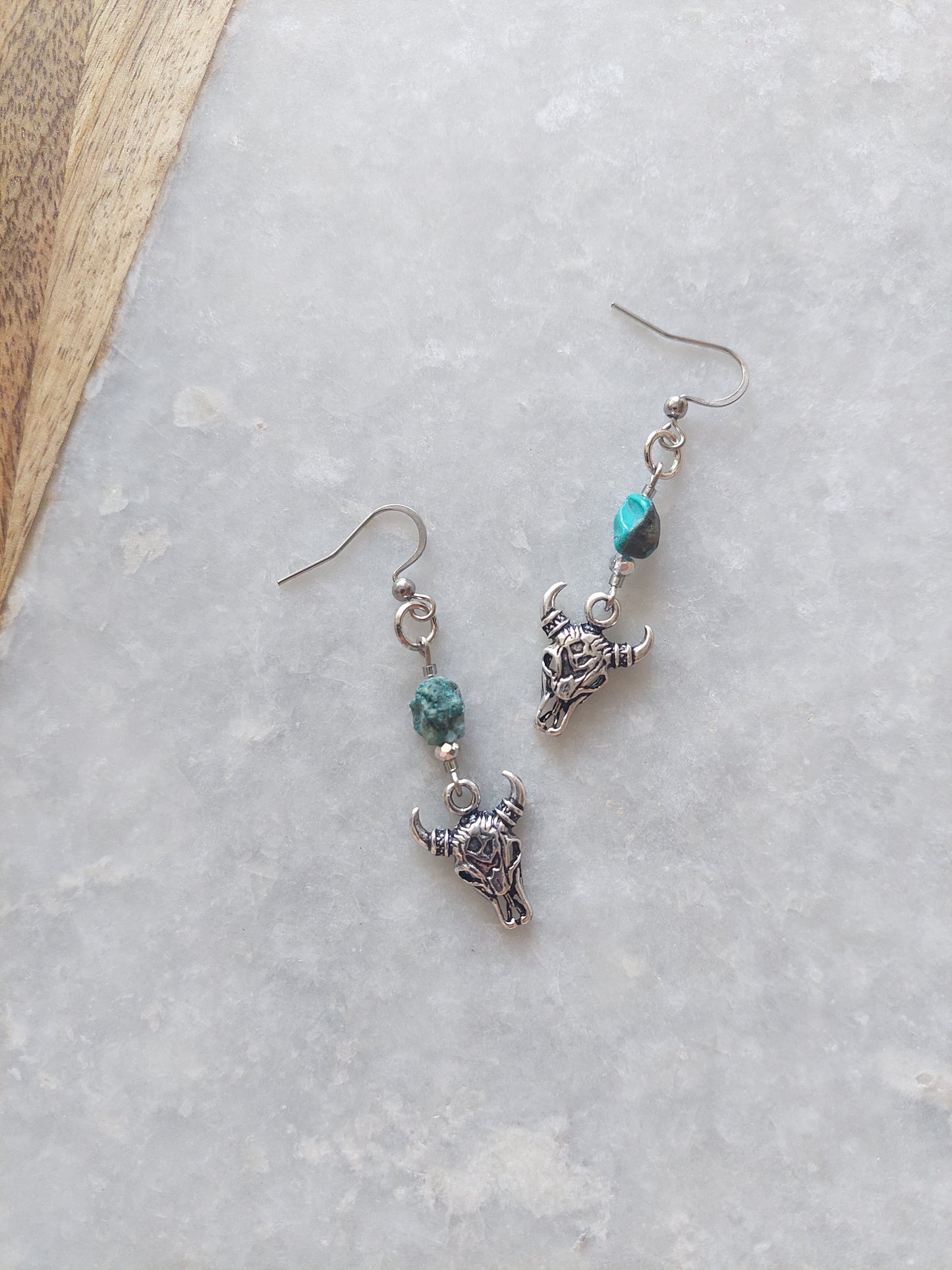 Bull Skull Earrings w/ Raw Turquoise