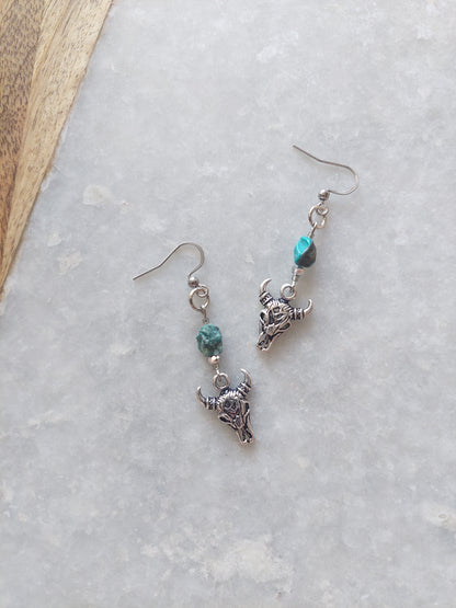 Bull Skull Earrings w/ Raw Turquoise