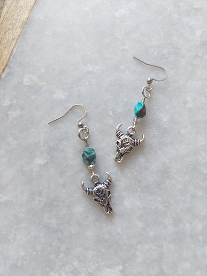 Bull Skull Earrings w/ Raw Turquoise