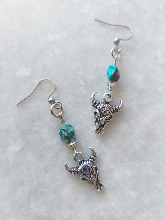 Bull Skull Earrings w/ Raw Turquoise