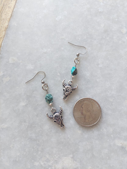 Bull Skull Earrings w/ Raw Turquoise