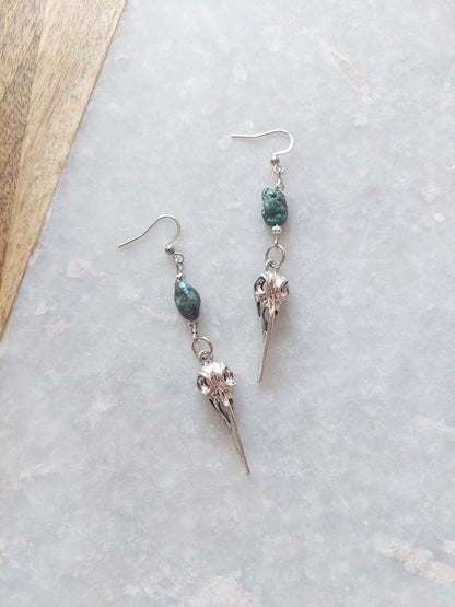 Raven Skull Earrings w/ Raw Turquoise