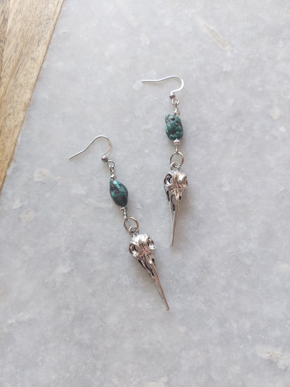 Raven Skull Earrings w/ Raw Turquoise