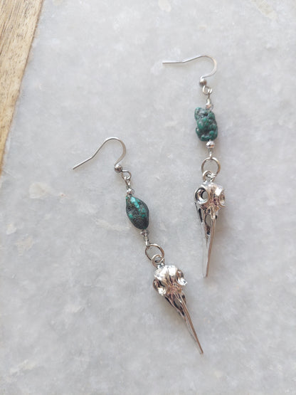 Raven Skull Earrings w/ Raw Turquoise