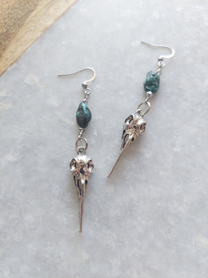 Raven Skull Earrings w/ Raw Turquoise
