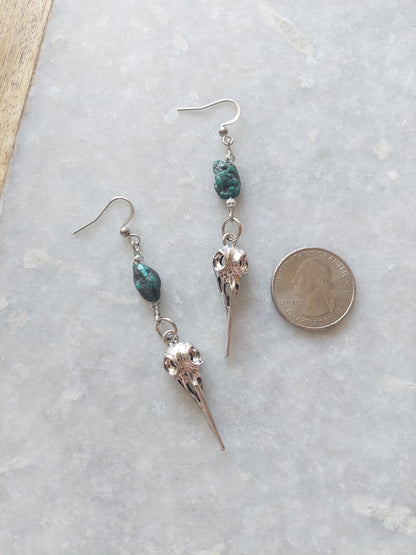 Raven Skull Earrings w/ Raw Turquoise