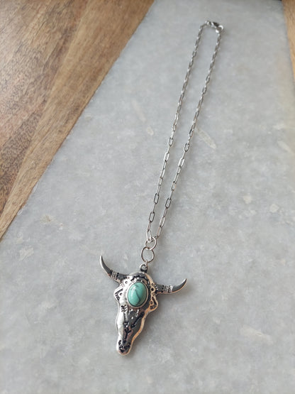 Bull Skull Necklace w/ Turquoise (resin)