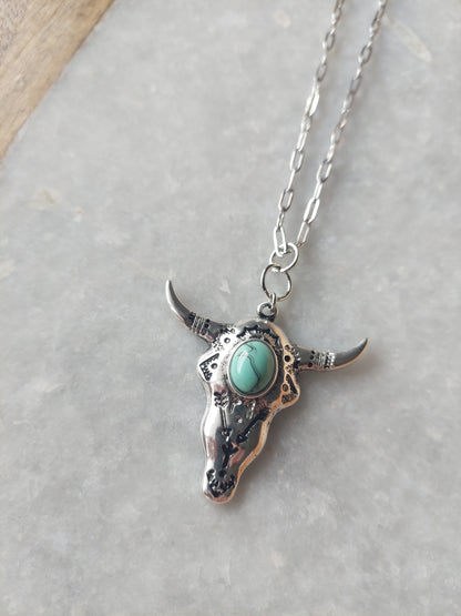 Bull Skull Necklace w/ Turquoise (resin)