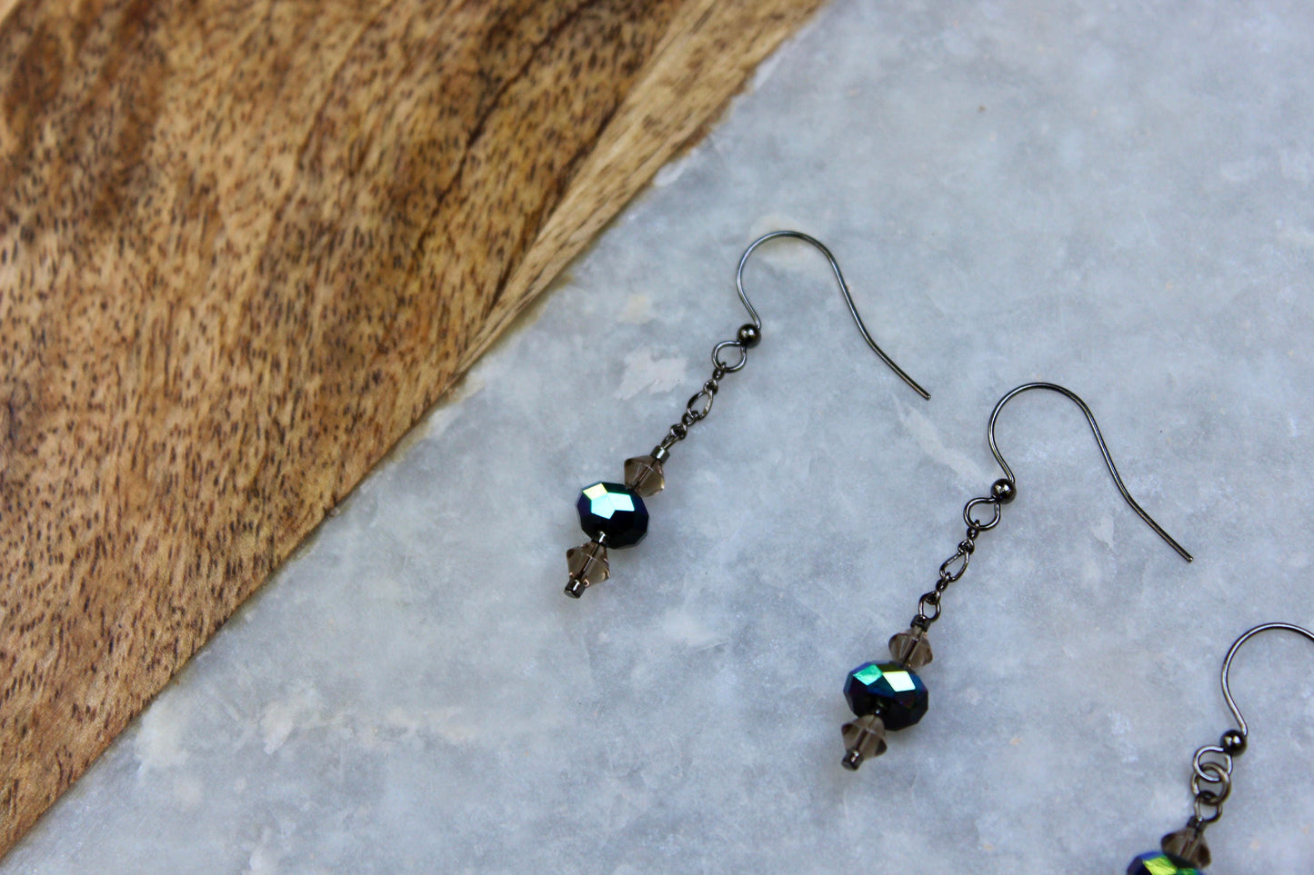 Gunmetal Earrings, Dark Metal Earrings, Dangle Earrings, Gunmetal Jewelry, Beaded Earrings, Opalescent Earrings, Edgy Earrings