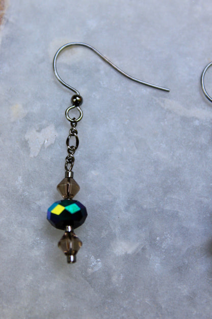 Gunmetal Earrings, Dark Metal Earrings, Dangle Earrings, Gunmetal Jewelry, Beaded Earrings, Opalescent Earrings, Edgy Earrings