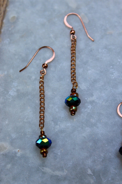 Copper Earrings, Copper Accessories, Drop Earrings, Feminine Earrings, Opalescent Jewelry, Glass Bead Jewelry, Chain Earrings, Shiny Earring