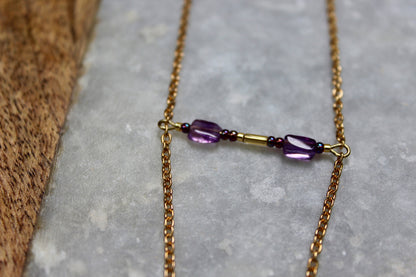 Amethyst Necklace, Gifts for Her, Gold Necklace, Gold Bar Necklace, Gold Jewelry, Long Necklace, Classic Necklace, Precious Stone Necklace