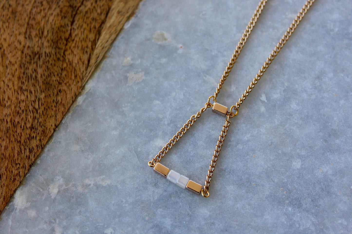 Pale Pink Necklace, Bar Necklace, Gold Necklace, Geometric Necklace, Pink Jewelry, Triangle Necklace, Classy Necklace, Gold Jewelry