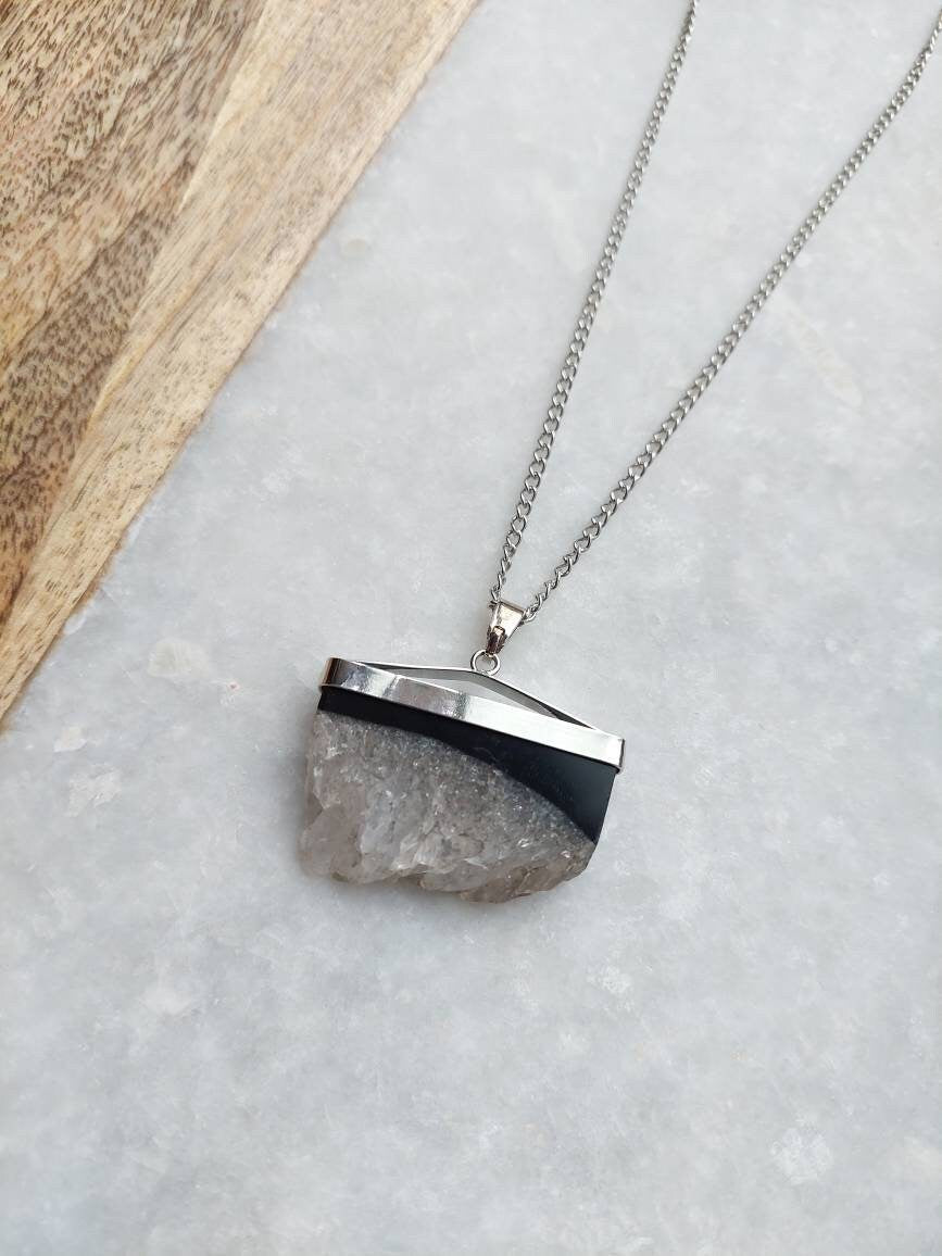 Crystal Necklace, Crystal Pendant, Druzy Necklace, Druzy Pendant, Druzy Jewelry, Black Druzy Jewelry, Natural Cut Crystal Necklace