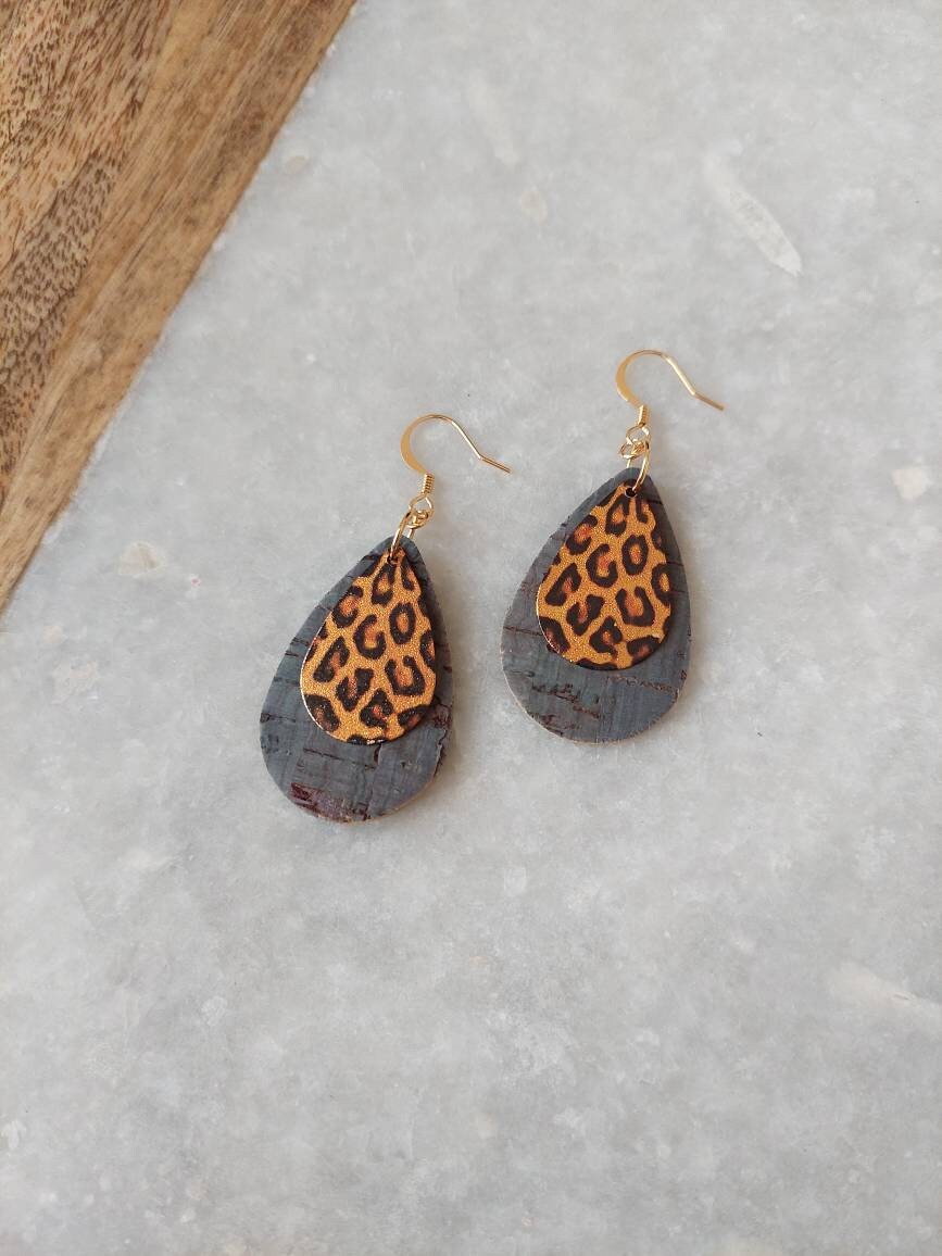 Cork Earrings, Leopard Earrings, Cork Pendant Earrings, Leopard Jewelry, Cork Jewelry, Blue Cork Earrings, Teardrop Earrings, Drop Earrings