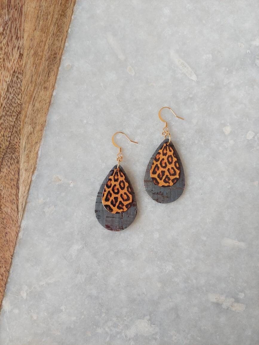 Cork Earrings, Leopard Earrings, Cork Pendant Earrings, Leopard Jewelry, Cork Jewelry, Blue Cork Earrings, Teardrop Earrings, Drop Earrings