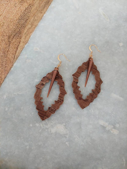 Cork Earrings, Cork Jewelry, Spike Earrings, Brown Earrings, Gold Earrings, Hoop Earrings, Girls Night Jewelry, Light Earrings