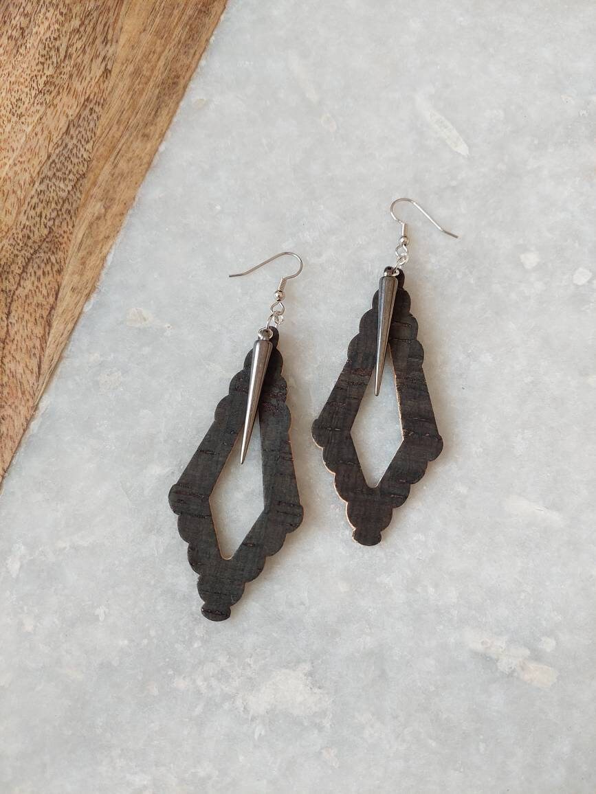 Cork Earrings, Cork Jewelry, Spike Earrings, Black Earrings, Hoop Earrings, Girls Night Jewelry, Light Earrings, Fun Jewelry