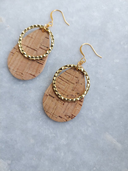 Cork Teardrop Earrings with Textured Hoop