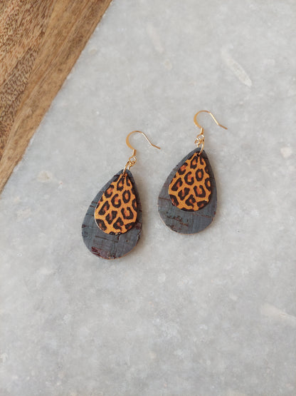 Cork Earrings with Leopard Print