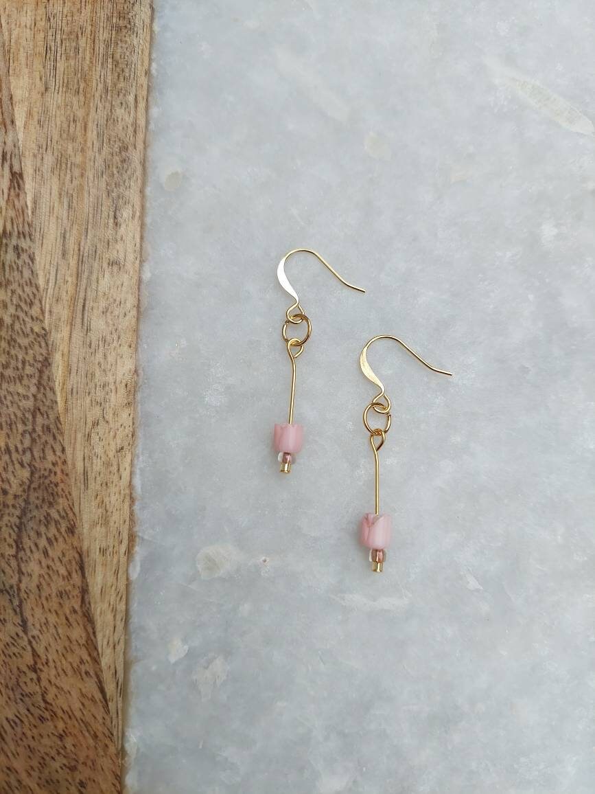 Rose Earrings, Flower Jewelry, Tulip Earrings, Coral Jewelry, Pink Earrings, Gold Earrings, Gold Rose Earrings, Sweet Earrings