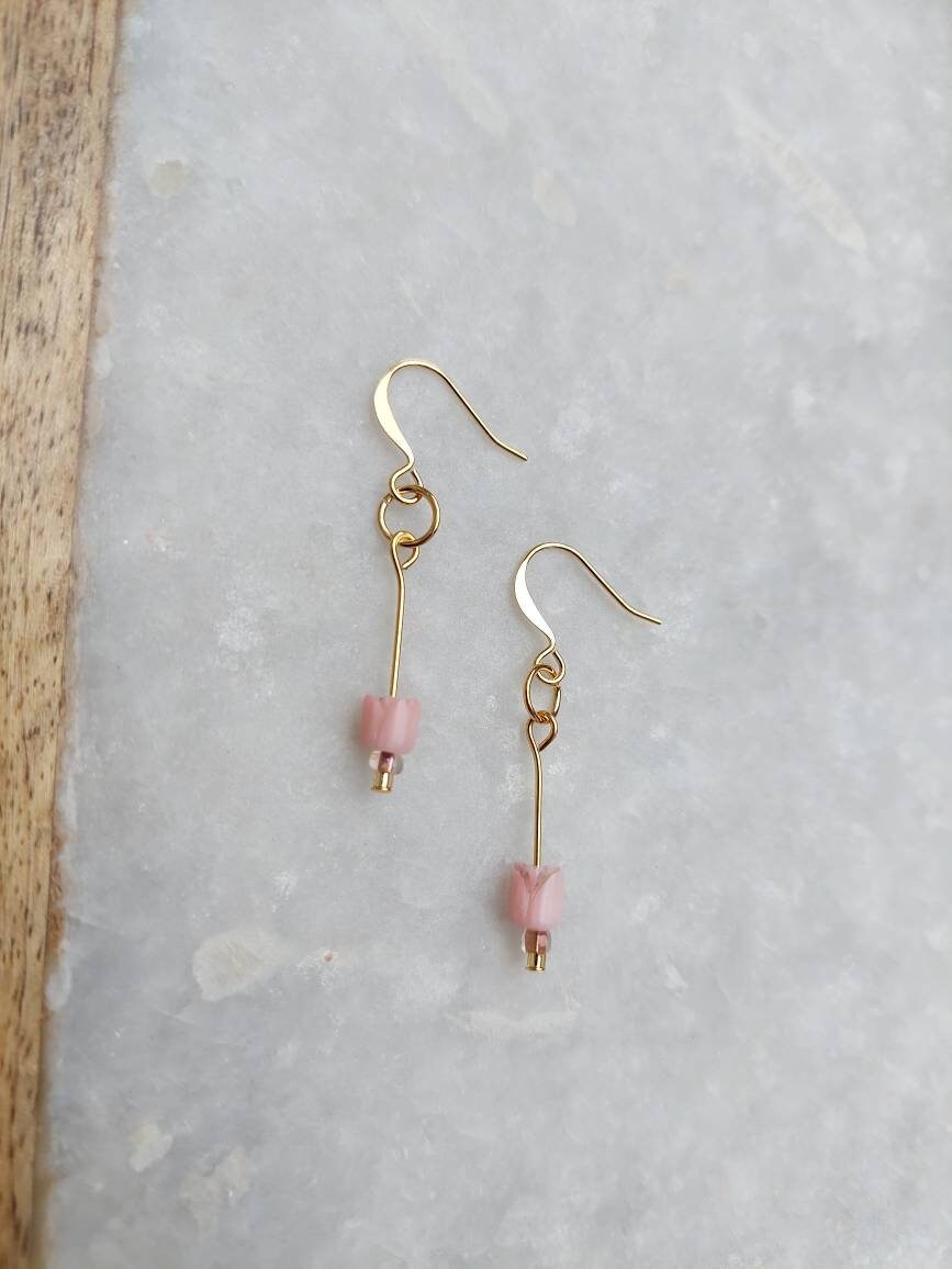 Rose Earrings, Flower Jewelry, Tulip Earrings, Coral Jewelry, Pink Earrings, Gold Earrings, Gold Rose Earrings, Sweet Earrings