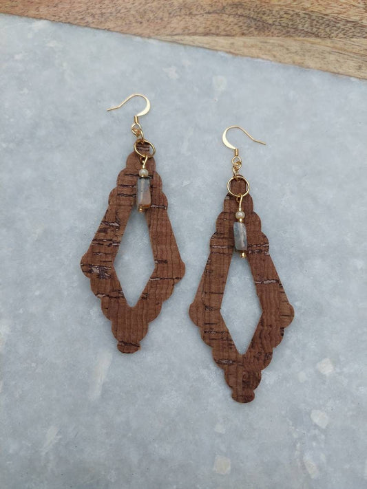 Cork Earrings, Cork Jewelry, Lodolite Quartz Earrings, Lodolite Jewelry, Quartz Earrings, Gold Earrings, Long Earrings, Light Earrings